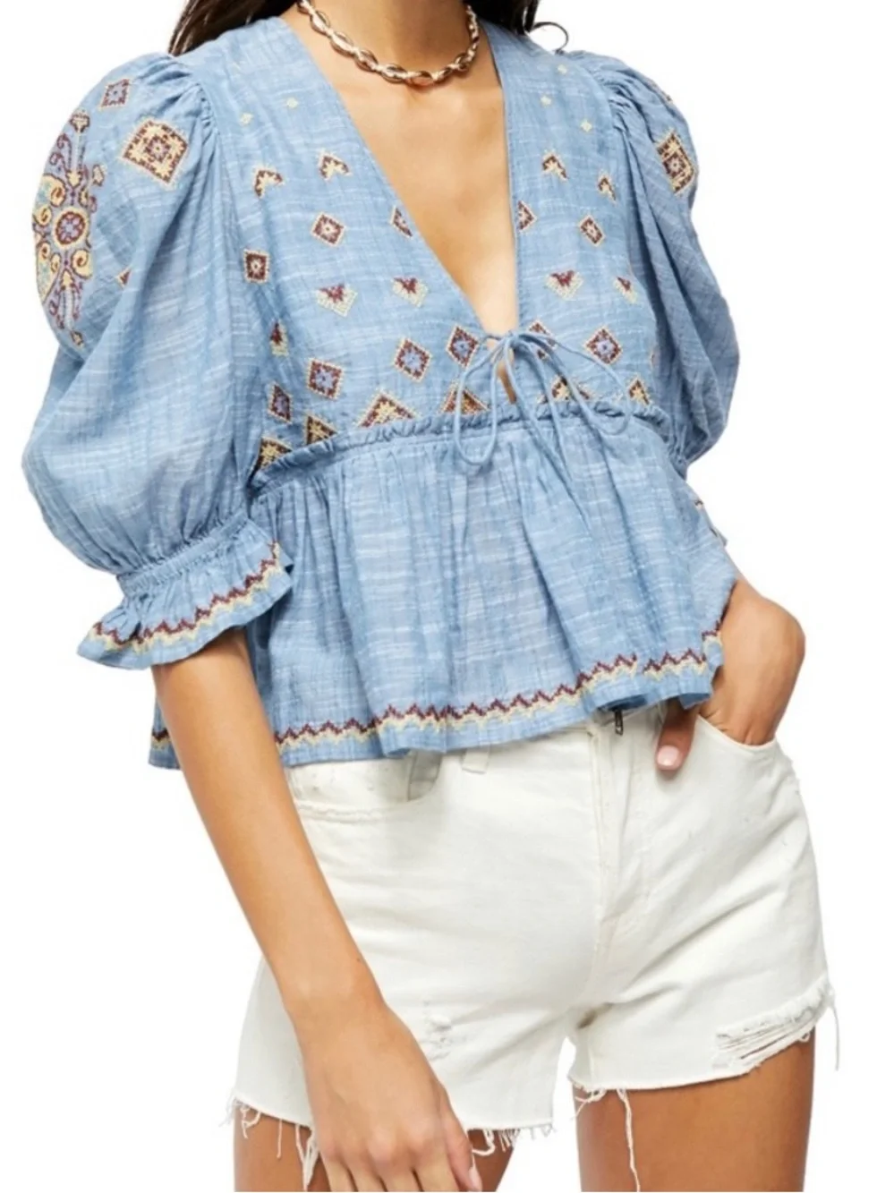 Free people embroidered tie front blouse